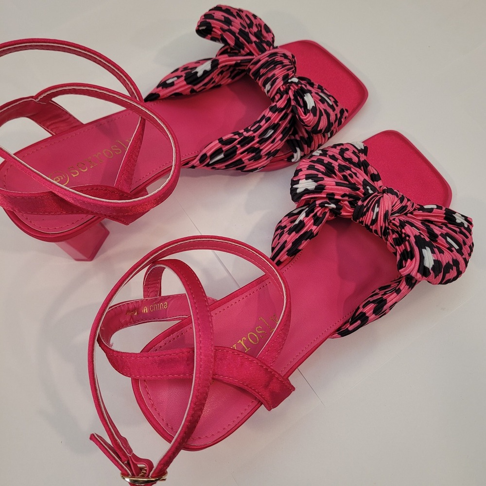 Sexrosly Block Heel Sandals Womens‎ 9 Pink Leopard Bow Ankle Strap New - Picture 3 of 8